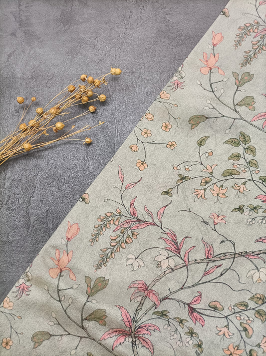 Grey Floral Pattern Digital Print Soft Brocade Fabric