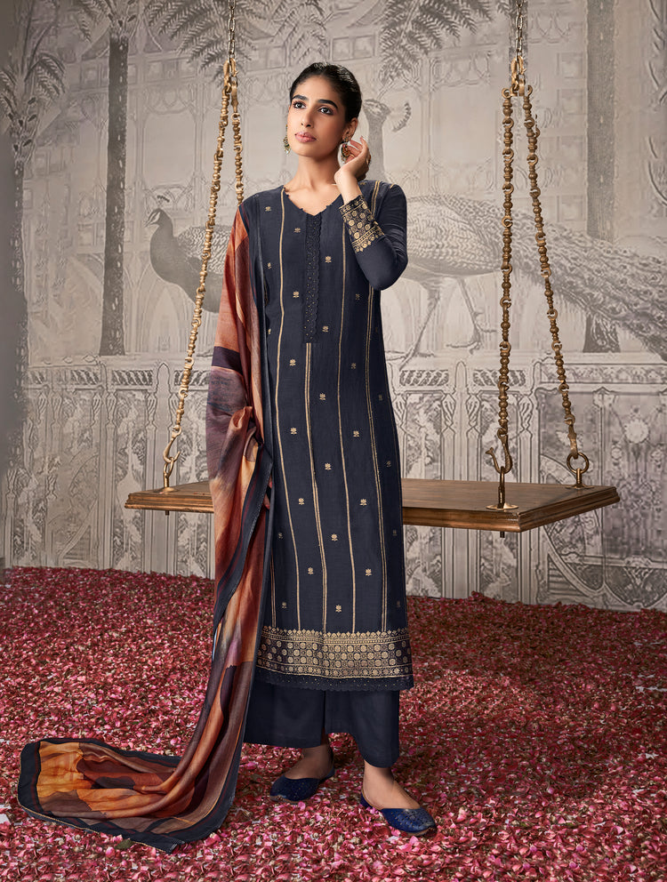 Silk linen jacquard Suit With Printed Silkina Dupatta available in Navy Blue(Unstitched Suit)