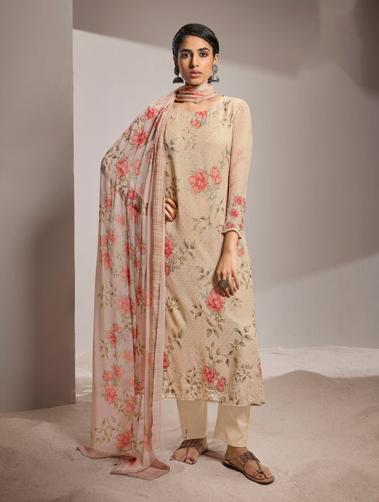 Pure Georgette Self Embroidered Suit With Printed Pure Georgette Dupatta available in Cream(Unstitched Suit)