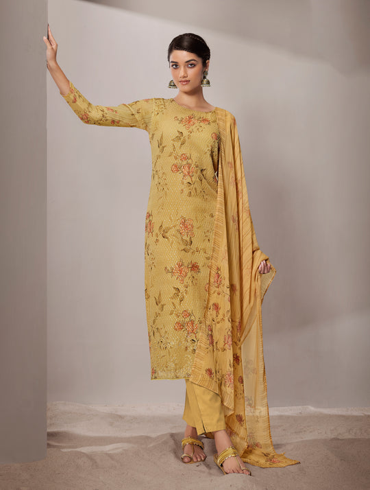 Pure Georgette Self Embroidered Suit With Printed Pure Georgette Dupatta available in Yellow(Unstitched Suit)