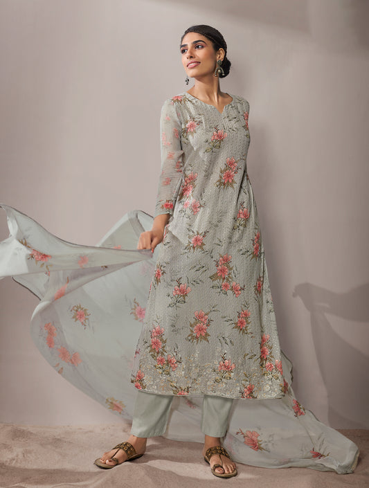 Pure Georgette Self Embroidered Suit With Printed Pure Georgette Dupatta available in Grey(Unstitched Suit)