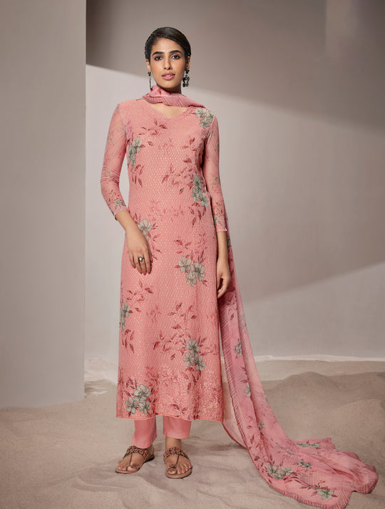 Pure Georgette Self Embroidered Suit With Printed Pure Georgette Dupatta available in Salmon Pink(Unstitched Suit)