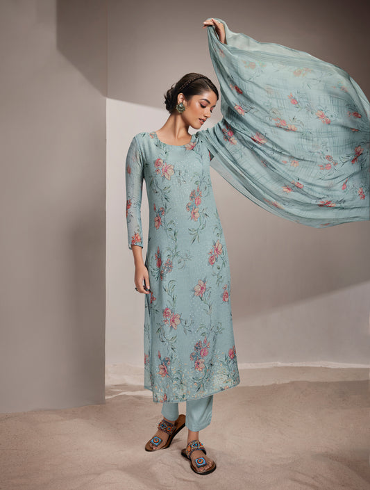 Pure Georgette Self Embroidered Suit With Printed Pure Georgette Dupatta available in Light Blue(Unstitched Suit)