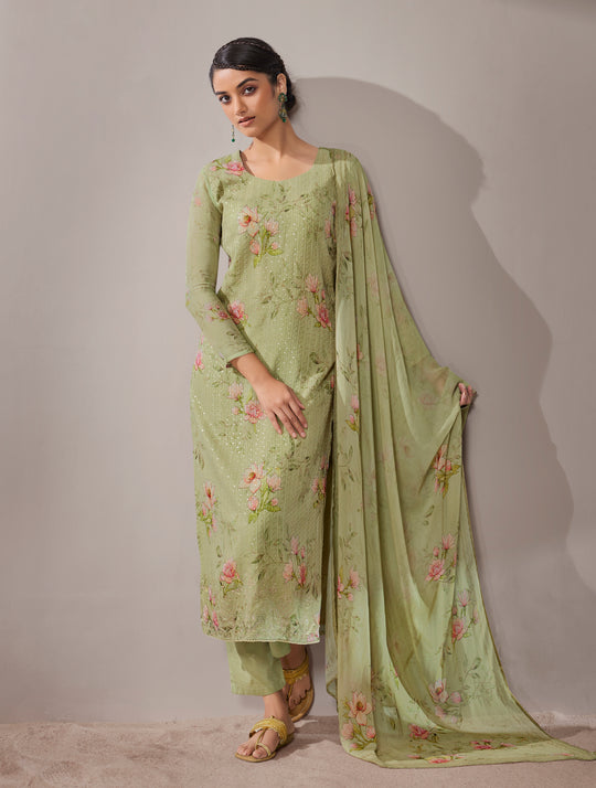 Pure Georgette Self Embroidered Suit With Printed Pure Georgette Dupatta available in Olive Green(Unstitched Suit)