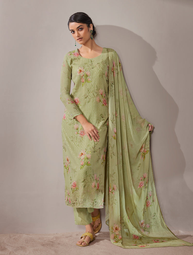 Pure Georgette Self Embroidered Suit With Printed Pure Georgette Dupatta available in Olive Green(Unstitched Suit)