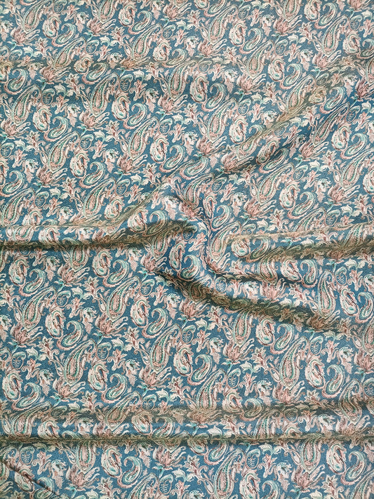 French Blue Paisley Pattern Digital Print Soft Brocade Fabric