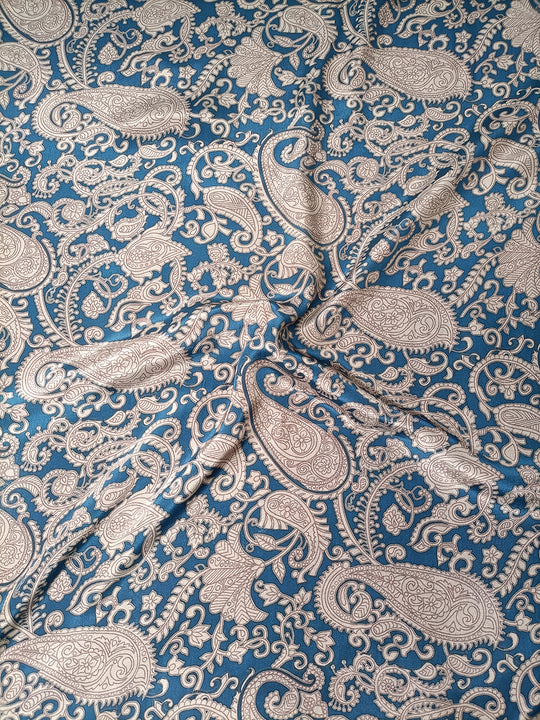 Navy Blue Paisley Pattern Digital Print Natural Crepe Fabric