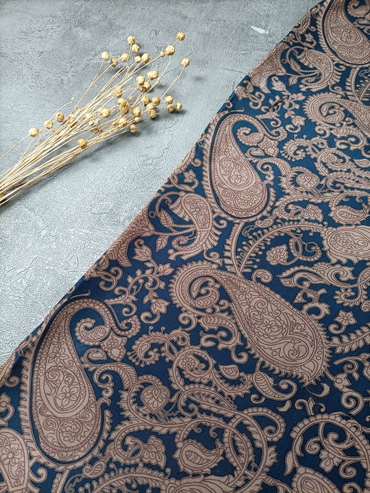 Navy Blue Paisley Pattern Digital Print Natural Crepe Fabric