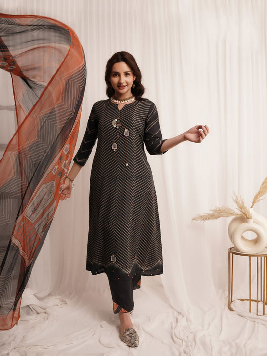 Linen Cotton Print With Handwork Suit With Printed Bemberg Chiffon Dupatta Available in Black