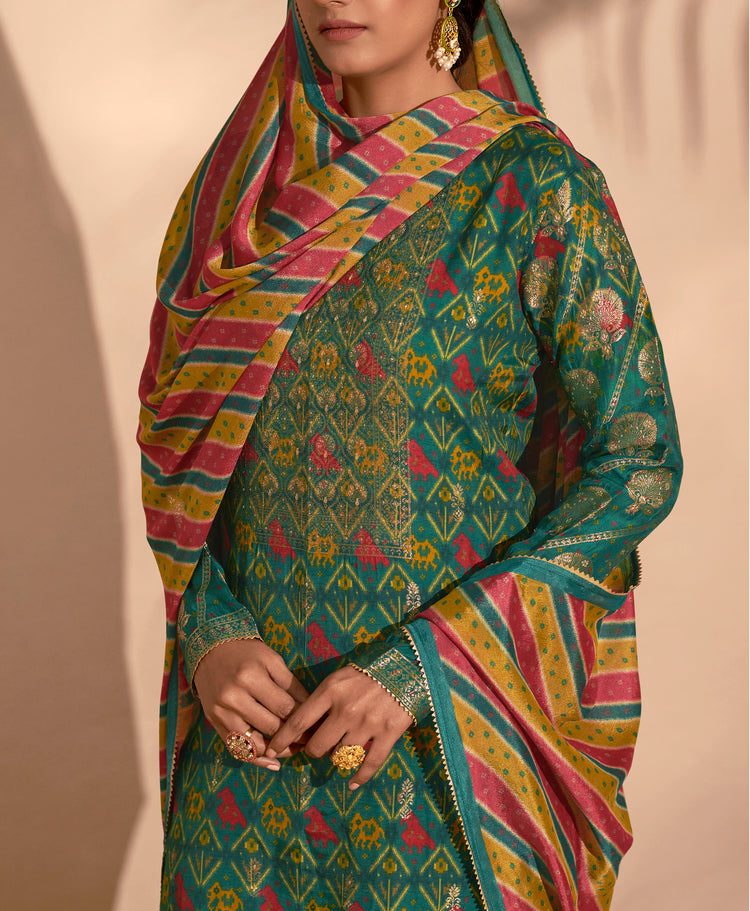 Azza Silk Jacquard Printed Suit With Printed Chinon Chiffon Dupatta available in Castleton Green