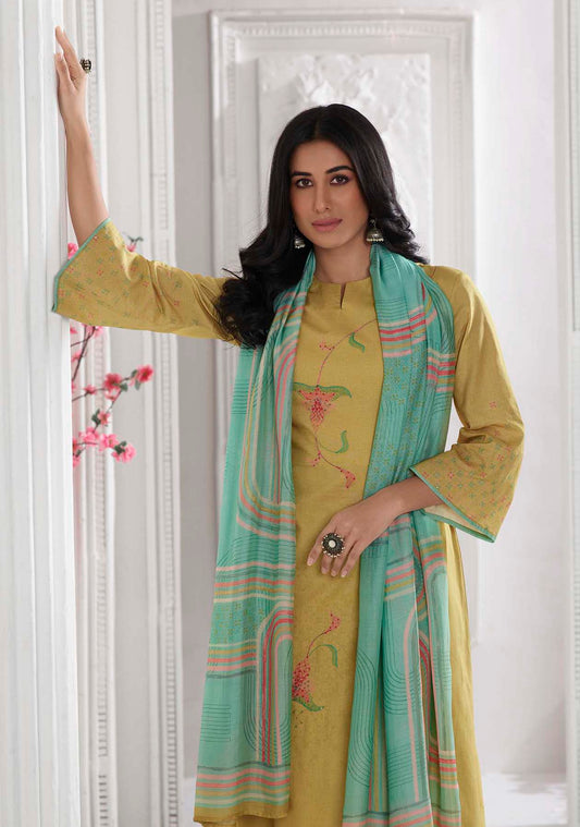 Lawn Cotton Printed Suit With Handwork & Printed Muslin Dupatta Available in Munsell Yellow