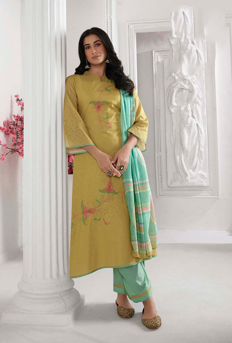 Lawn Cotton Printed Suit With Handwork & Printed Muslin Dupatta Available in Munsell Yellow