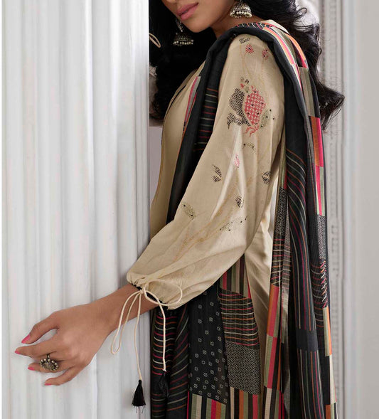 Lawn Cotton Printed Suit With Handwork & Printed Muslin Dupatta Available in Beige