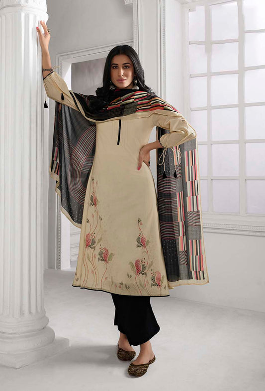 Lawn Cotton Printed Suit With Handwork & Printed Muslin Dupatta Available in Beige