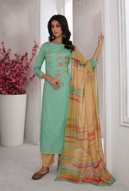 Lawn Cotton Printed Suit With Handwork & Printed Muslin Dupatta Available in Cadet Blue