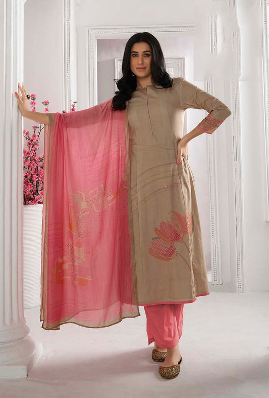 Lawn Cotton Printed Suit With Handwork & Printed Muslin Dupatta Available in Sepia Brown