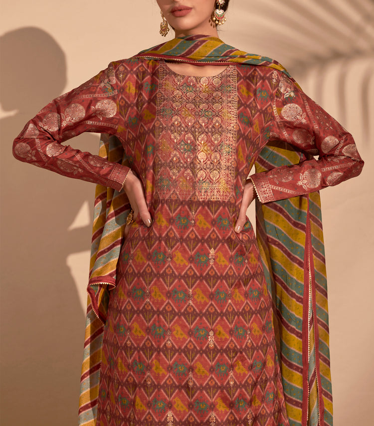 Azza Silk Jacquard Printed Suit With Printed Chinon Chiffon Dupatta available in Brick