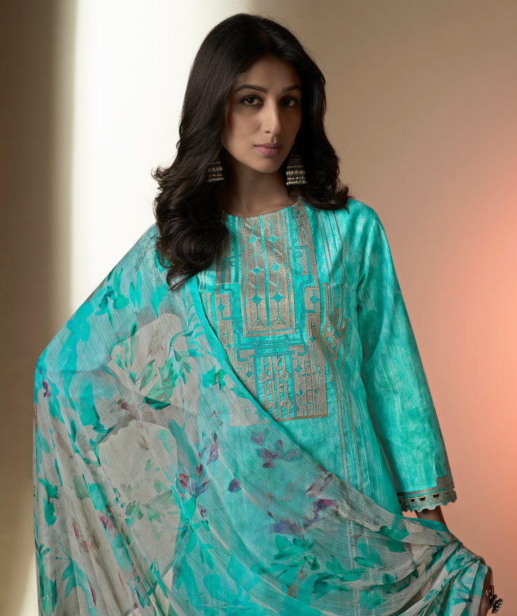 Lawn Cotton Embroidered Suit With Printed Bemberg Chiffon Dupatta Available in Teal Blue