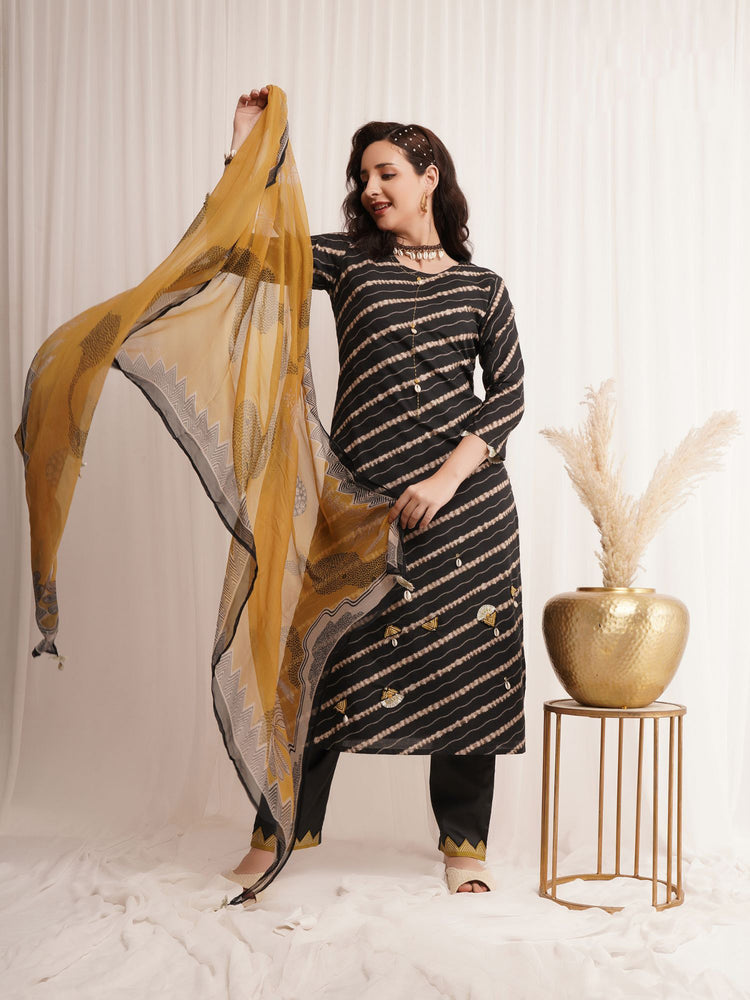 Linen Cotton Print With Handwork Suit With Printed Bemberg Chiffon Dupatta Available in Black