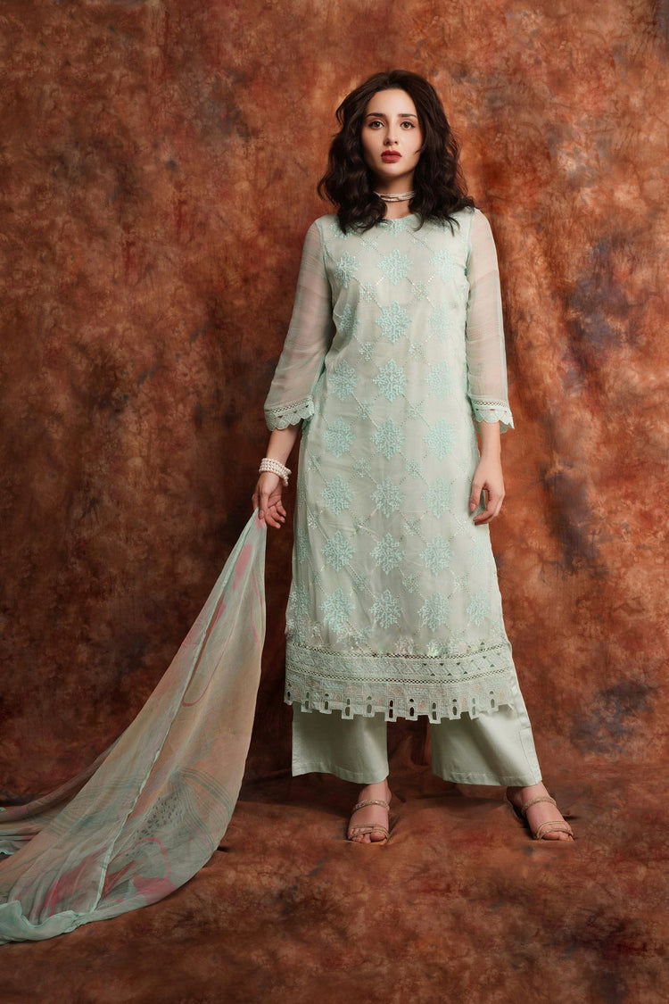 Pure Chiffon Embroidered Suit With Printed Bemberg Chiffon Dupatta Available in Mint Green