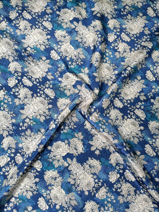 Blue Floral Pattern Digital Print Natural Crepe Fabric