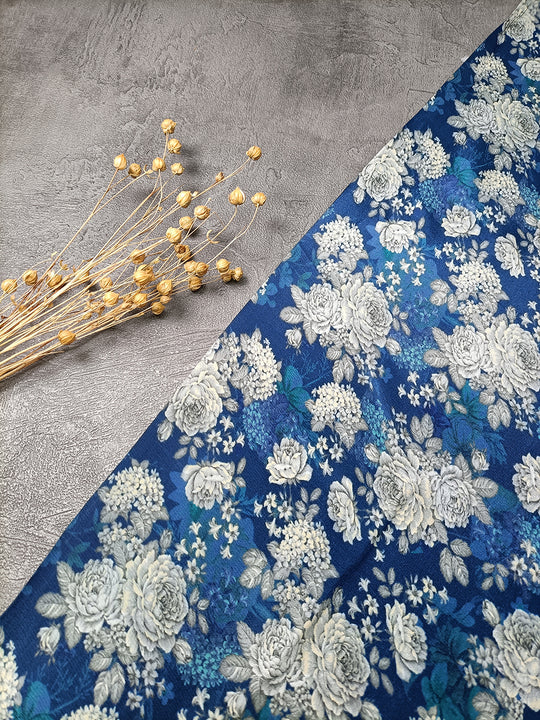 Blue Floral Pattern Digital Print Natural Crepe Fabric