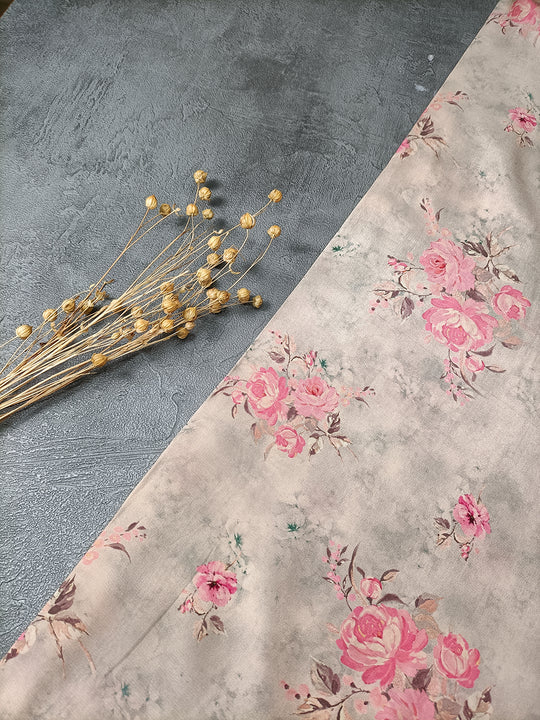 Beige Floral Pattern Digital Print Natural Crepe Fabric