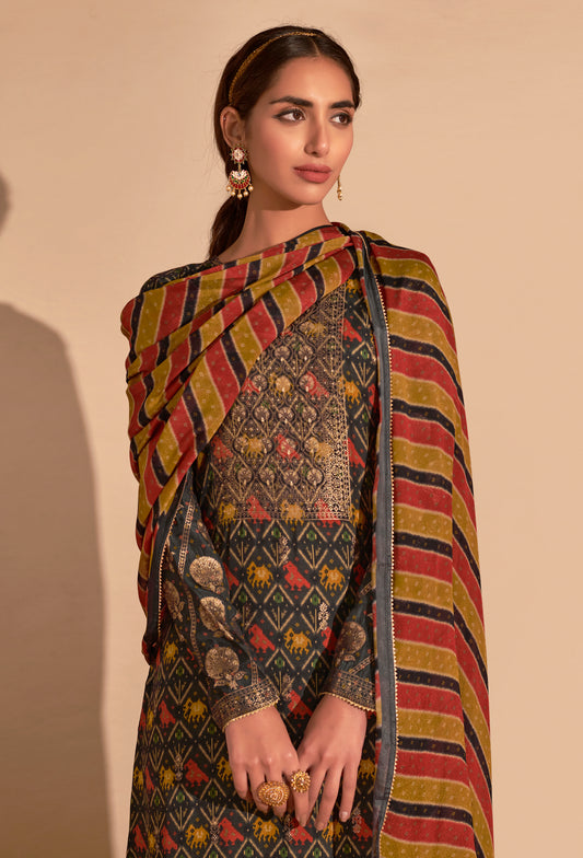 Azza Silk Jacquard Printed Suit With Printed Chinon Chiffon Dupatta available in Black