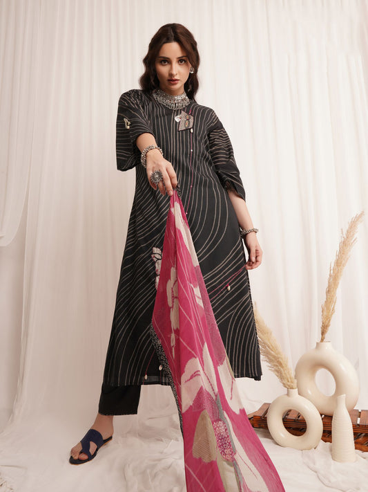 Linen Cotton Print With Handwork Suit With Printed Bemberg Chiffon Dupatta Available in Black