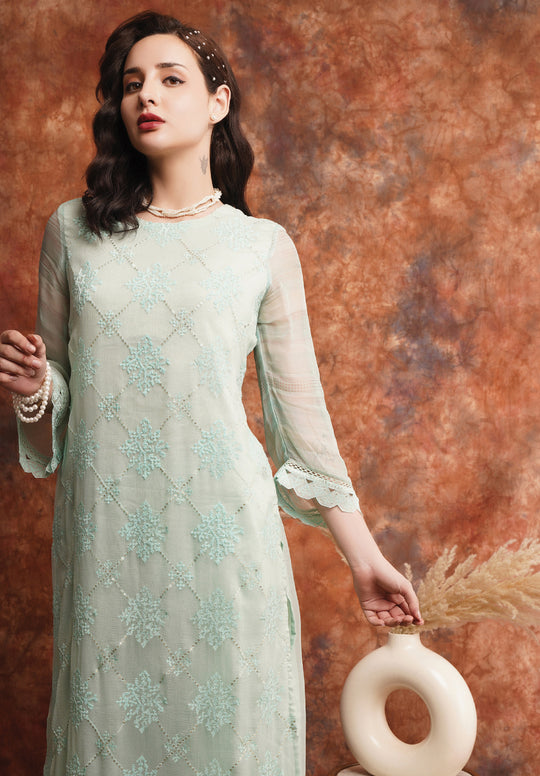 Pure Chiffon Embroidered Suit With Printed Bemberg Chiffon Dupatta Available in Mint Green