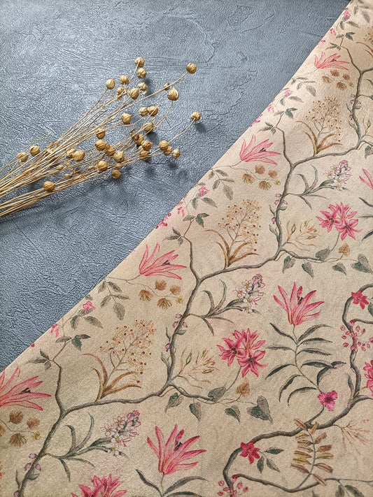 Beige Floral Pattern Digital Print Soft Brocade Fabric