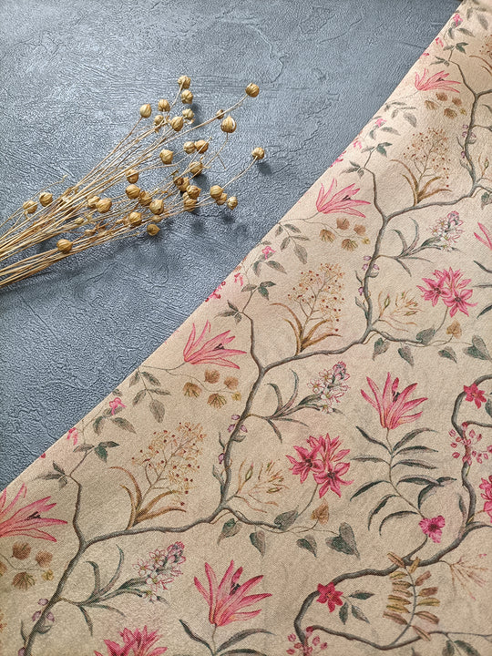 Beige Floral Pattern Digital Print Soft Brocade Fabric