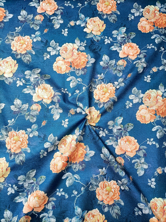 Blue Floral Pattern Digital Print Linen Cotton Fabric