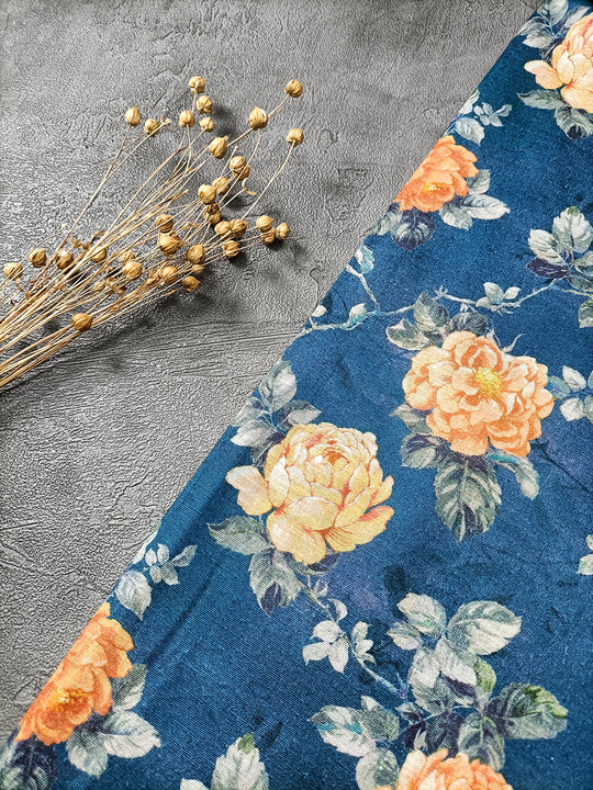 Blue Floral Pattern Digital Print Linen Cotton Fabric