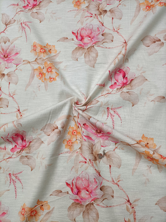 Off White Floral Pattern Digital Print Linen Cotton Fabric