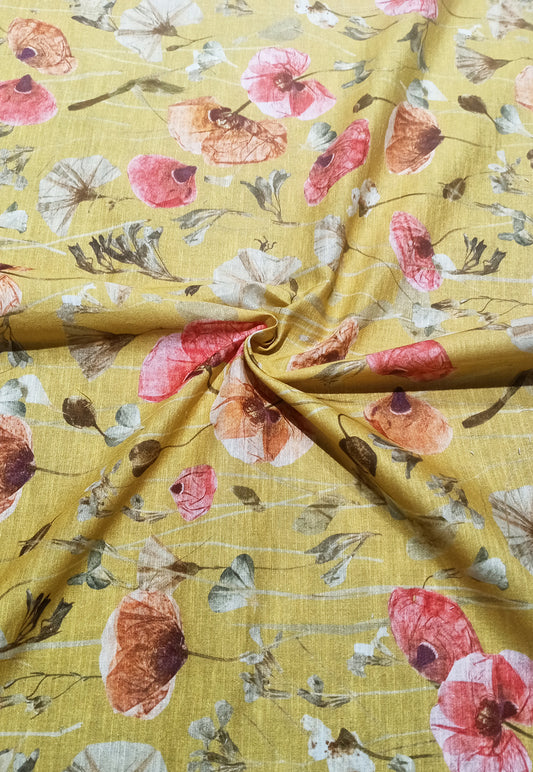 Yellow Floral Pattern Digital Print Linen Cotton Fabric