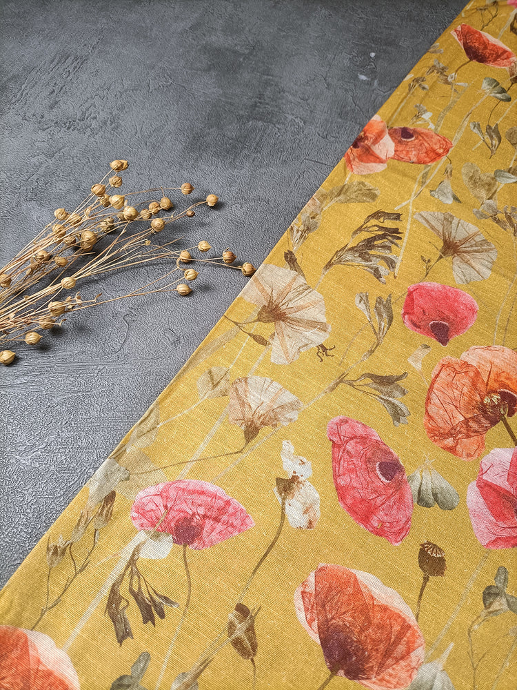 Yellow Floral Pattern Digital Print Linen Cotton Fabric