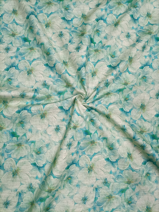 Sky Blue Floral Pattern Digital Print Linen Cotton Fabric