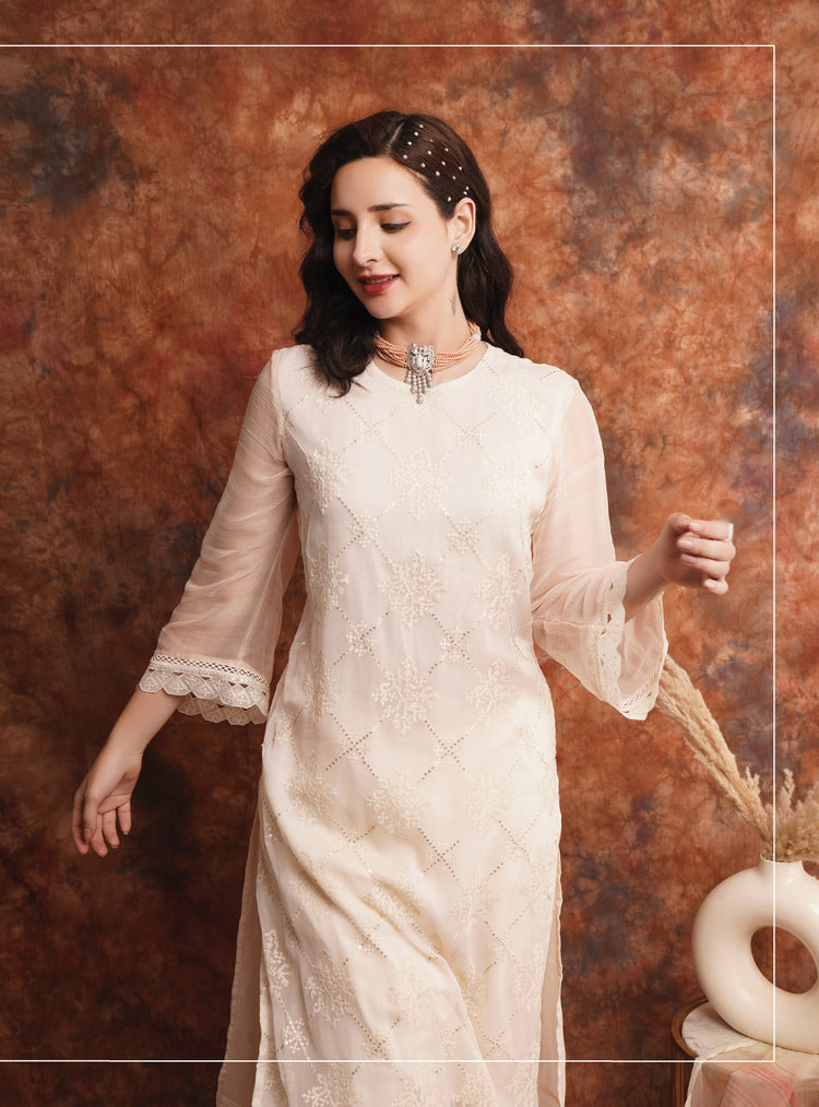 Pure Chiffon Embroidered Suit With Printed Bemberg Chiffon Dupatta Available in Cream