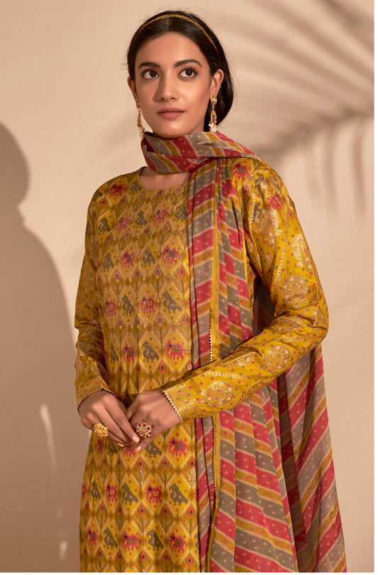 Azza Silk Jacquard Printed Suit With Printed Chinon Chiffon Dupatta available in Chrome Yellow