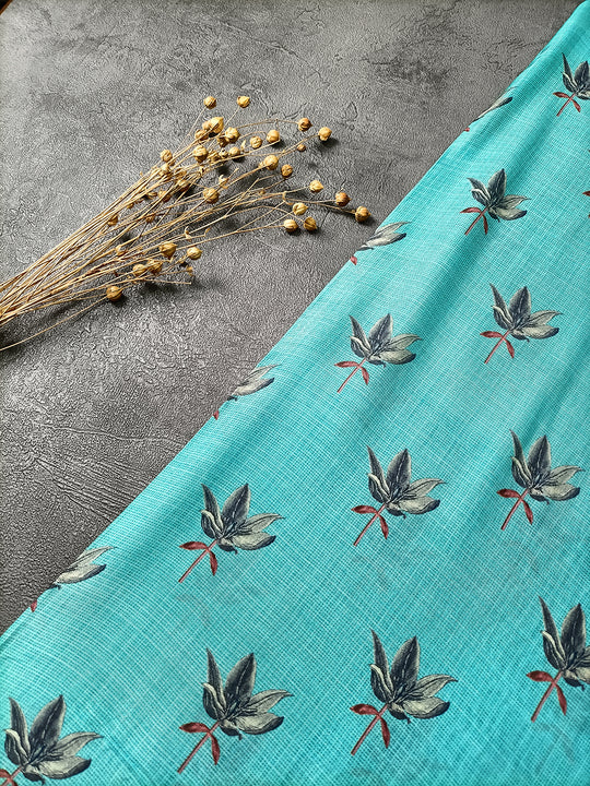 Teal Blue Floral Pattern Digital Print Muslin Fabric