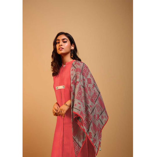 Red Naisa Silk Kurti With Tabby Silk Digital Print Scarf