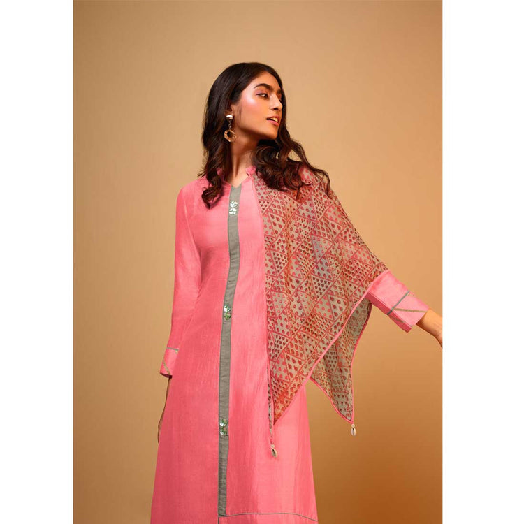 Pink Naisa Silk Kurti With Attached Digital Print Scarf