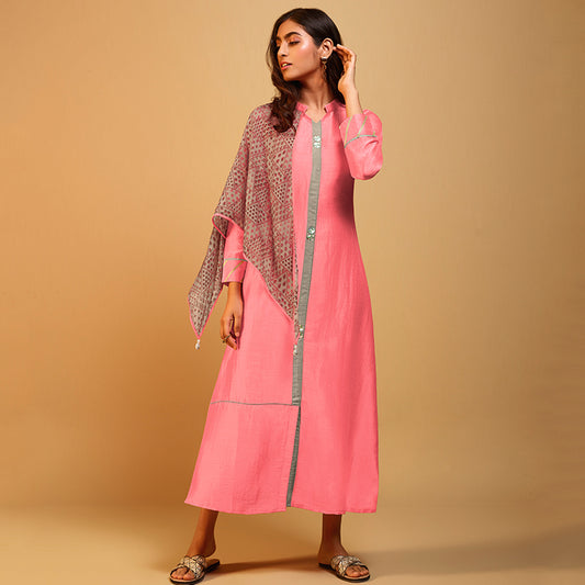 Pink Naisa Silk Kurti With Attached Digital Print Scarf