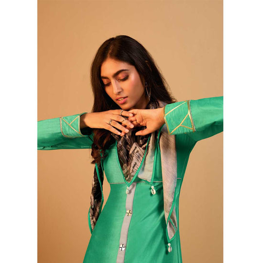 Green Naisa Silk Kurti With Digital Print Scarf