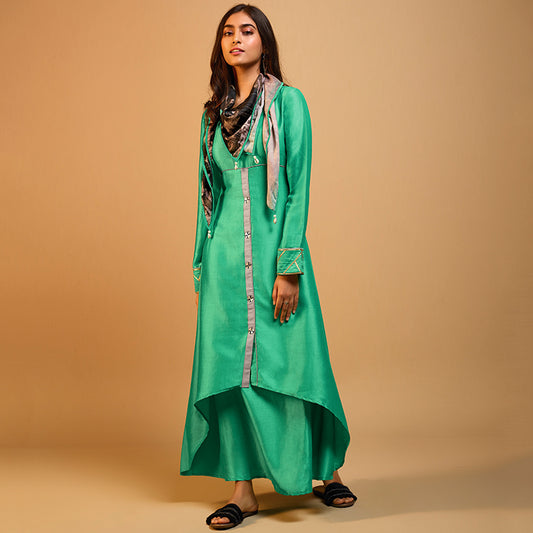 Green Naisa Silk Kurti With Digital Print Scarf