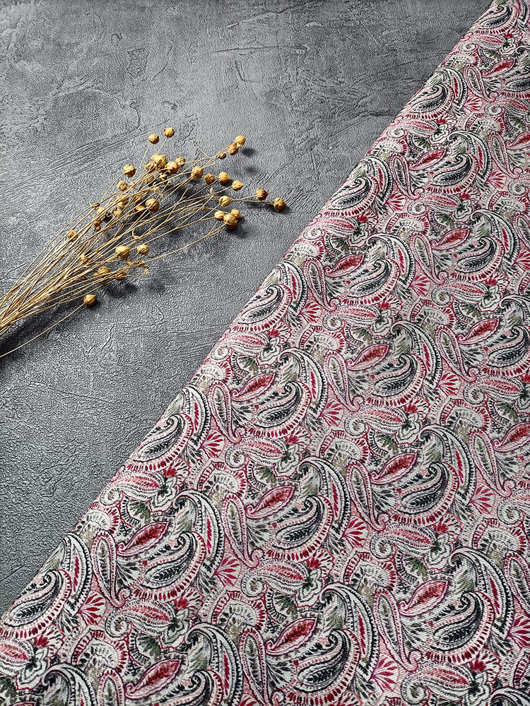 Red & Grey Paisley Pattern Digital Print Pure Pashmina Fabric