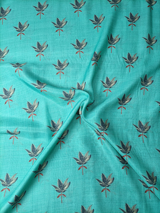 Teal Blue Floral Pattern Digital Print Muslin Fabric