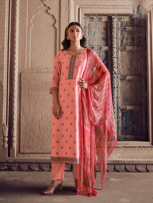 Pure Muslin Printed Suit With Printed Bemberg Chiffon Stripes  Dupatta available in Peach(Unstitched Suit)