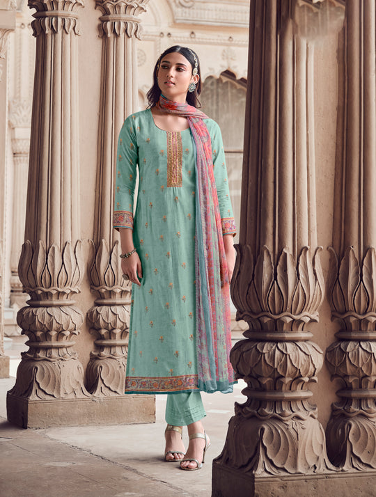 Pure Muslin Printed Suit With Printed Bemberg Chiffon Stripes  Dupatta available in Teal Blue(Unstitched Suit)